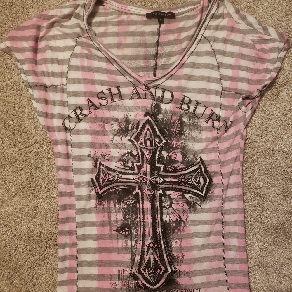 Pink and gray stripped crash and burn tshirt